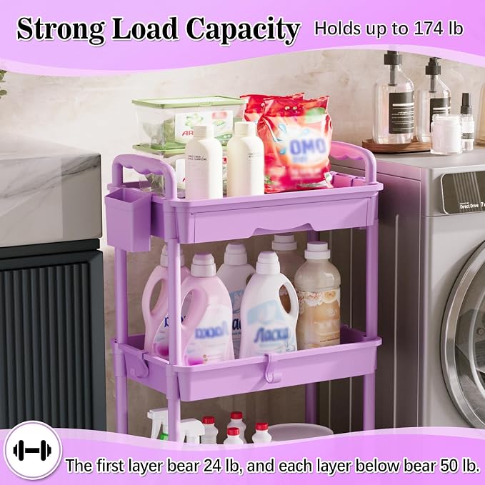SUNALLY 3 Tier Rolling Cart with Drawer,Craft Storage Cart Organizer,Purple | Bathroom Storage Organizer with 2 Lockable Wheels, Rolling Utility Cart for Kitchen, Office, Baby, Makeup, Nail,Snack,Laundry - Image 5