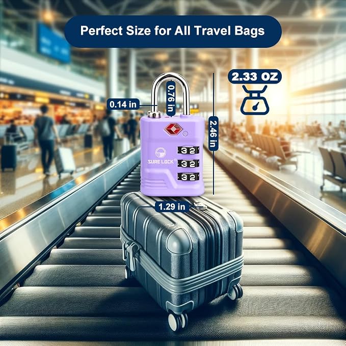 SURE LOCK TSA Approved Luggage Lock – 3-Digit Resettable Combination Padlock with Open Alert Red Dot, Large Easy-Read Dials for Suitcases, Backpacks, Gym & School Lockers (Purple 4 pk) - Image 4