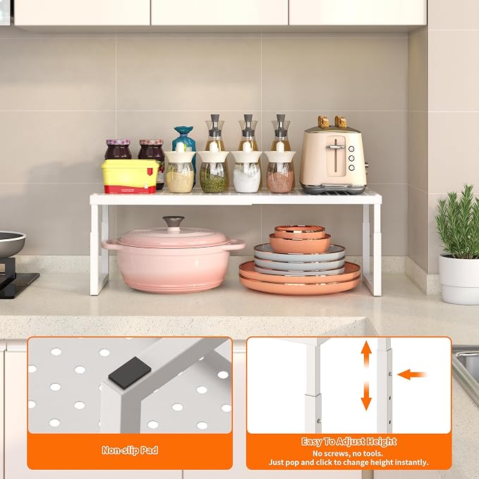 RUILALIFE Expandable-Stackable-Shelf-Organizer-For-Cabinet Pantry Closet,Kitchen Counter Shelf With Adjustable Height, Metal Storage Shelf Riser Spice Rack For Cupboard Countertop - Image 4
