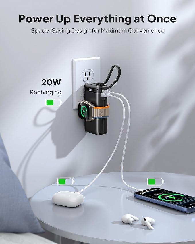 10000mAh 22.5W Power Bank Portable Charger with Built-in Cables & Wall Plug | 5 in 1 Compact USB C Fast Charging Travel Essentials Battery Pack for iPhone 17/16/15/14/12/11 Apple Watch Ultra/11/10/9/8/SE - Image 4