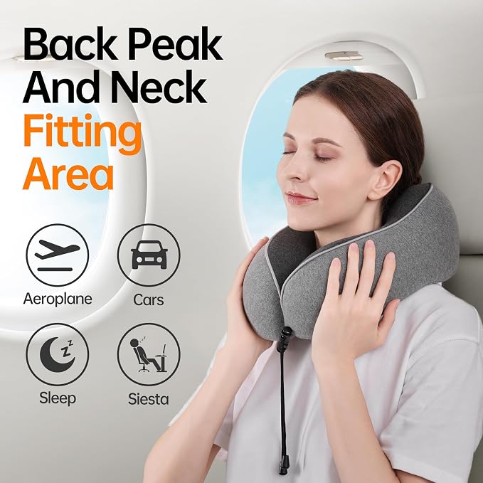 Travel Pillows for Airplanes,100% Pure Memory Foam Travel Neck Pillow | Washable Cotton Cover,Comes with 3D Eye Mask,Earplugs,Storage Bag,Ideal Travel Gift,Relieve Neck Pressure,Grey - Image 2
