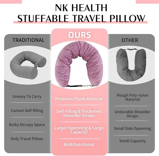 Stuffable Neck Pillow for Travel, Packable Neck Pillow (Pink) | Velvet cover, Stuff with clothes to save luggage space, No extra baggage fees, Fits 5+ days travel essentials, Zipper closure - Image 6