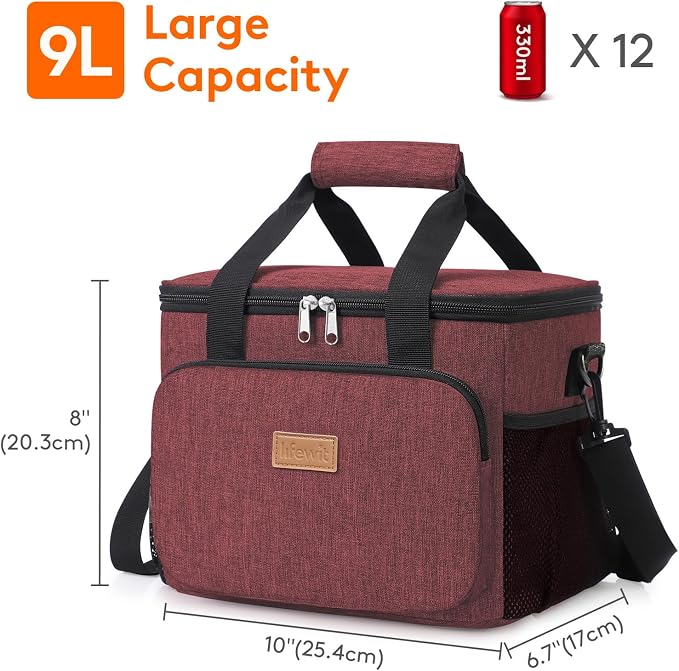 Lifewit Medium Lunch Bag, Insulated Lunch Box, Soft Cooler Cooling Tote for Adult Men Women, Burgundy 12-Can (9L) - Image 3