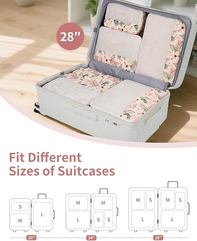 Narwey 7 Set Packing Cubes for Travel, Durable Packing Organizers for Kids Women Men, Carry on Luggage Travel Essentials Accessories (Beige Flamingo) - Image 2