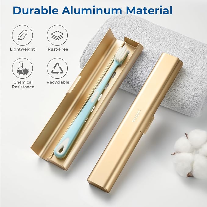 Aluminum Toothbrush Travel Case, Portable Travel Toothbrush Holder, Durable Manual Toothbrush Box Container for Traveling, Bathroom, Camping, Business Trip-Gold - Image 2