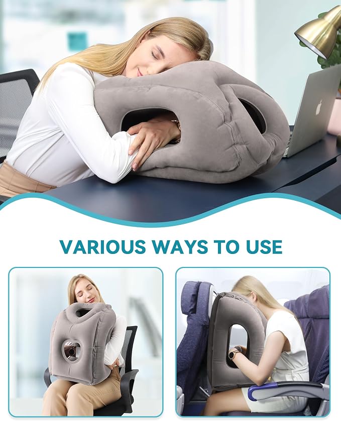 Inflatable Travel Pillow, Airplane Neck Pillow Comfortably Supports Head and Chin for Airplanes, Trains, Cars Office Napping on The Tray Table (Grey) - Image 4