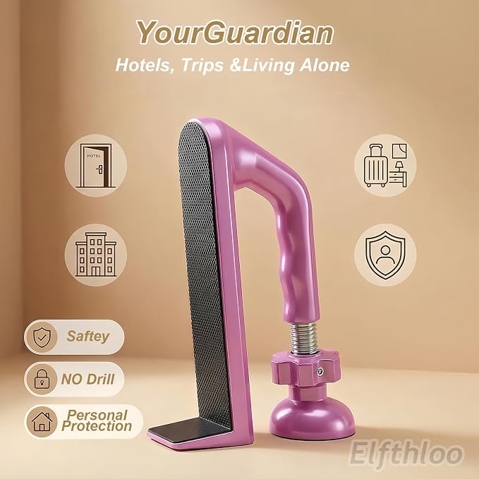 Portable Door Lock Travel Security, Pink Anti-Theft Stopper | 202g lightweight, fits inward-swinging doors, tool-free install, aluminum, for hotels, Airbnbs, dorms, apartments - Image 2