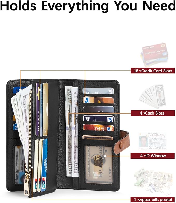 BOSTANTEN Womens Leather Wallet RFID Large Capacity Credit Card Holder | 4 ID Windows, 16 Card Slots, Zipper Coin Pocket, Clutch Wallet, Long Bifold, Ladies Gifts, Black＆Brown - Image 3