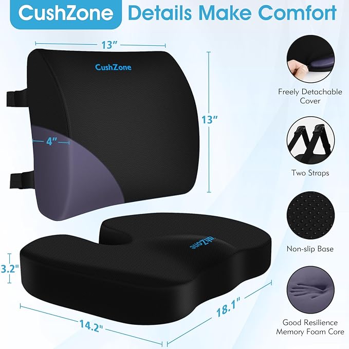 CushZone Seat Cushion and Lumbar Support Pillow for Office Chair, Black | Ergonomic Memory Foam for Sciatica Pain Relief & Posture Correction; Non-Slip Chair Cushions for Car, Wheelchair and Travel - Image 3