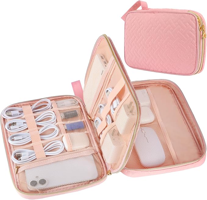 Electronics Organizer Travel Case, Charger Bag Cord Organizer Travel, All-in-One Cable Organizer Bag for Charger, Cords, Phone, Headphones, Flash Drive, SD Card (Pink, Large-Double Layer) by ZFZGFRCS