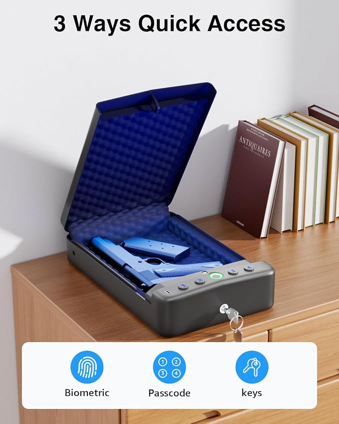Biometric Gun Safe Small Fingerprint Pistol Case for Car,Fits 1-2 Handguns | Portable Travel Gun Case,3 Ways Quick Access Pistol Safe,Security Cable,Power Supply,Vehicle,Nightstand,Bedside,Drawer - Image 3