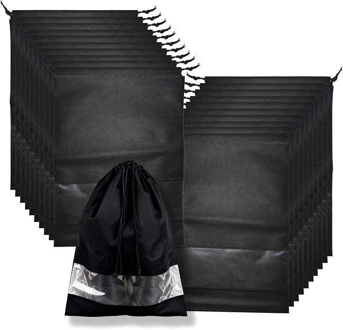 20 Pack Shoe Bags for Travel, 17" x 12.6" Drawstring Shoe Organizers with Clear Window, Breathable Non-Woven Dustproof Pouches for Luggage & Closet (Black) by Unknown