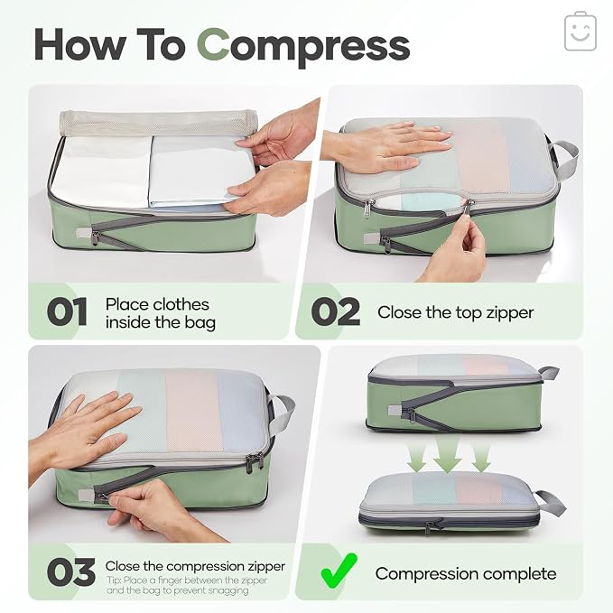 Veken 11 Set Compression Packing Cubes Garment Bags for Travel Essentials,Compressible Expandable Luggage Organizer Bags for Clothing,Space Saver Bags with Over 1000 pcs of Mesh Holes(Matcha Green) - Image 3