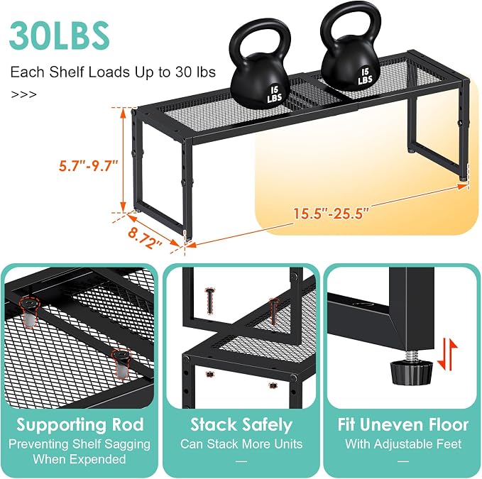 2 Pack Expandable Kitchen Cabinet Shelf Organizer, 15.5"-25.5" Long Adjustable Storage Shelves Organizers for Kitchen Countertop Pantry Cupboard Table Desk Counter, Stackable, 30LBS Load Capacity - Image 7