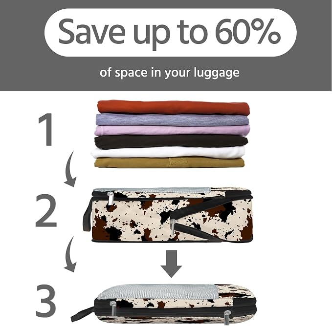 7 Pcs Compression Packing Cubes for Travel, Waterproof Suitcase Luggage Backpack Organizer with Toiletry Bag Travel Essentials for Women/Men-Cow Print - Image 6