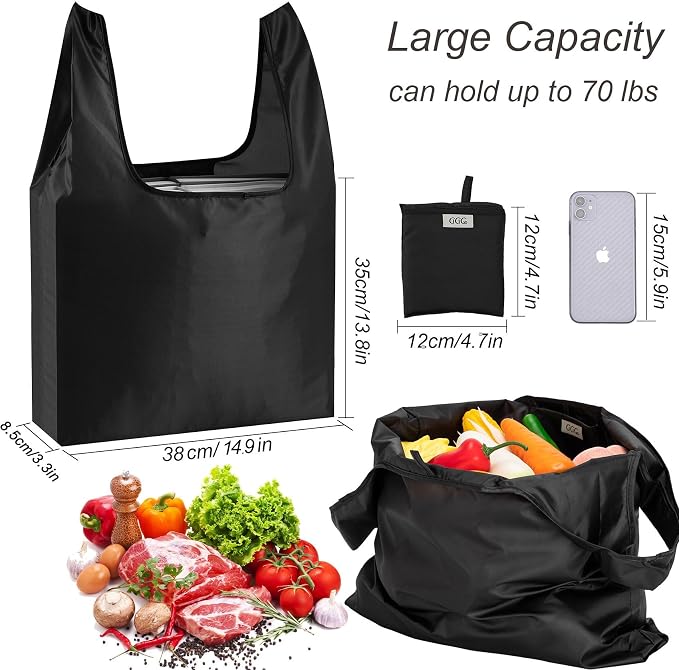 Large Reusable Bags Shopping Washable Foldable 6 Pack Grocery Bags Heavy Duty Lightweight Folding Gift Tote Bags Durable Polyester Black - Image 3