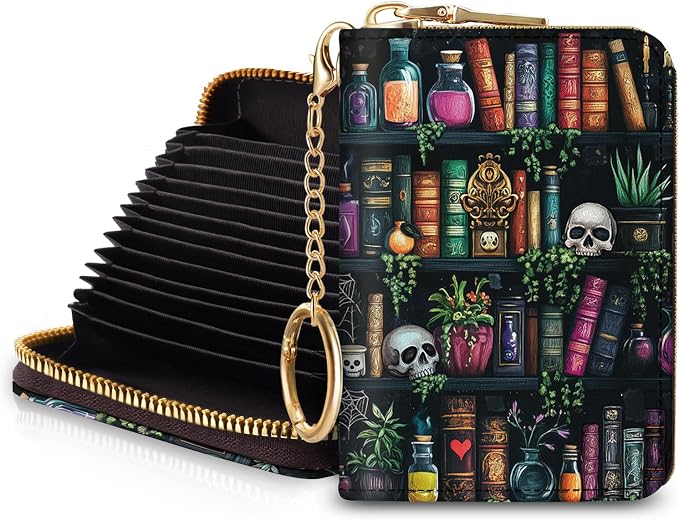 Blusabaca RFID Credit Card Holder Small Women Travel Wallet, Bookshelf Goth | Removable Keychain, Case with Zipper, Vegan PU Leather, Cash Coin Pocket, Business Accordion Purse, Ladies Female Gift by Blusabaca