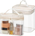 Clear Makeup Bag for Travel - TSA Approved Toiletry Bag, 2 Beige | 1 Medium Quart Carry-On & 1 Large Checked-Luggage, Top Handle, Double Metal Zippers, 180° Opening, Clear Easy-Check, Women by Packism