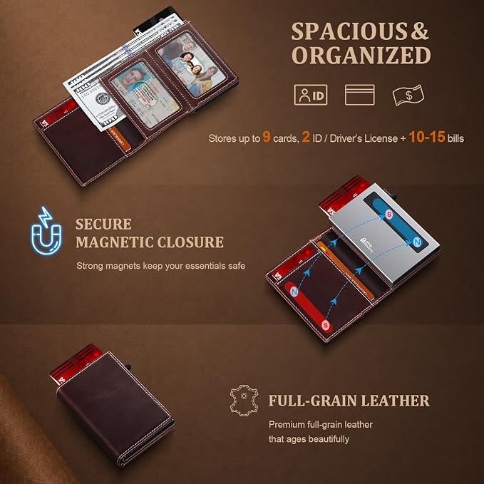 Minimalist Wallet for Men,Full Grain Leather RFID Blocking Wallet with 2 ID Windows，Trifold Pop Up Credit Card Holder Wallet 9-11 Cards Slim Genuine Leather Wallet ，Gifts for Men - Image 5