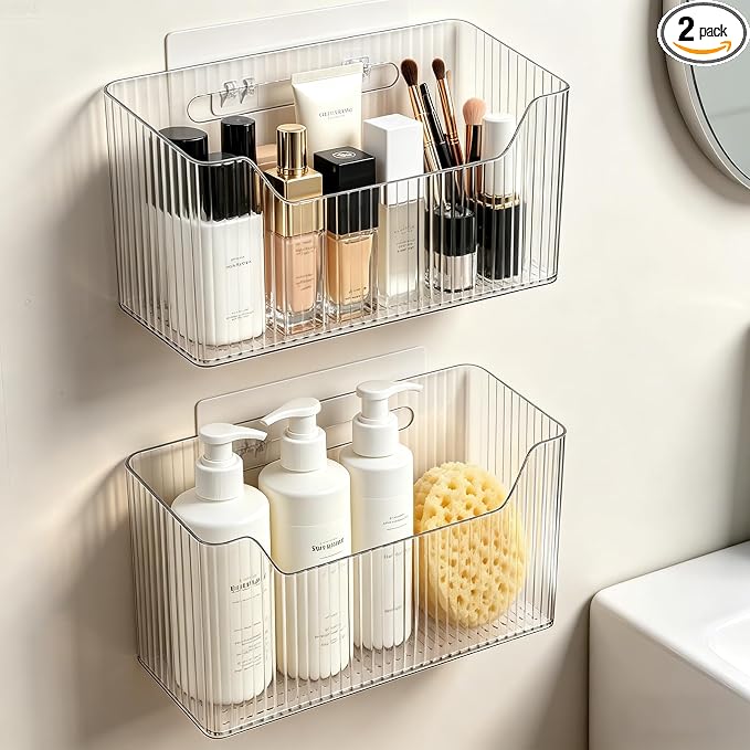 Lae Nuvole Adhesive Cabinet Door Organizer, 2 Pack Wall Shower Caddy, Clear | 4 Adhesive Straps, No Drill Wall Mount, Renter Friendly, BPA-free Stackable; Fits Bathroom, Kitchen, Apartment, Pantry, RVs by LaeNuvole