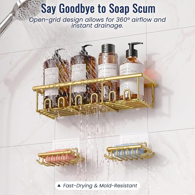 8 Pack Adhesive Large Capacity No-Drilling Shower Caddy, Gold | Rustproof Shower Shelves Rack with Soap Dishes, Toothbrush Holder & Hooks for Bathroom Organizers & Storage Accessories - Image 5