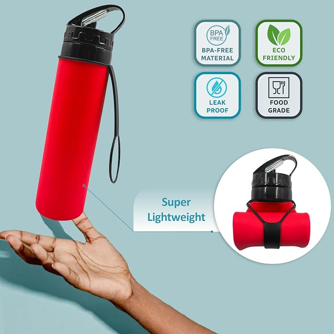 Collapsible Water Bottles 15oz, Odorless BPA-Free Silicone, Leak-Proof Foldable Reusable Bottle - Perfect for Cruise Travel Sports Gym Hiking Camping Cycling - Red - Image 3