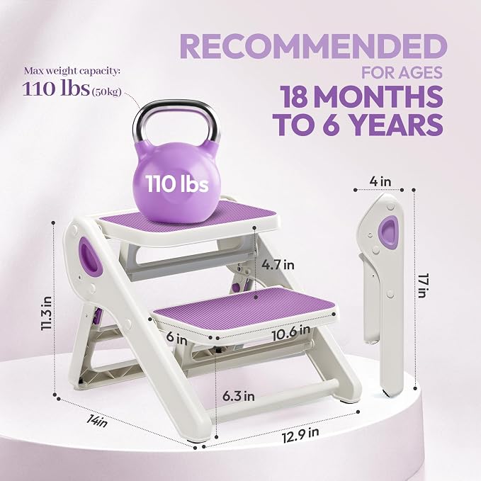 Foldable Toddler Step Stool for Bathroom Sink, Toilet, Bedroom, Kitchen – Non-Slip, Space-Saving, BPA-Free, Supports 110 lbs, Kids Step Stool (Lavender) - Image 6