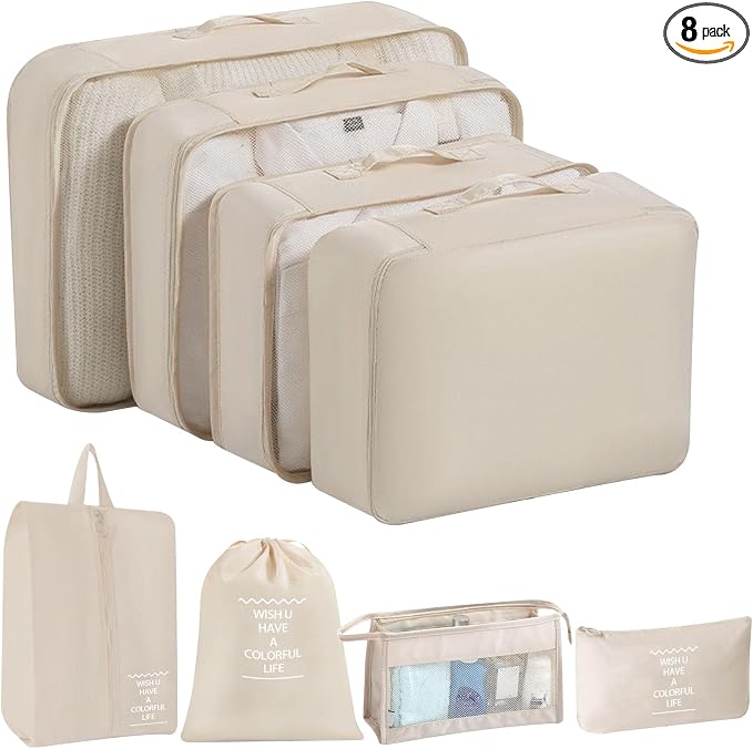 8 Set Packing Cubes for Suitcases, INVODA Travel Luggage Packing Organizers with Laundry Bag, Compression Storage Shoe Bag, Clothing Underwear Bag (Beige) by INVODA