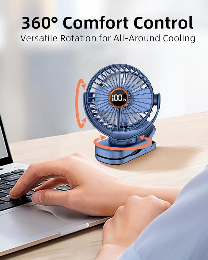 buywoo Portable Mini Personal Fan, Small Rechargeable Battery Powered Stroller Fan for Desk, Strong Clamp Grip, 360° Rotation, 3-Speed, LED Display, Clip On Cooler for Bed, Golf Cart, Office, Blue - Image 2