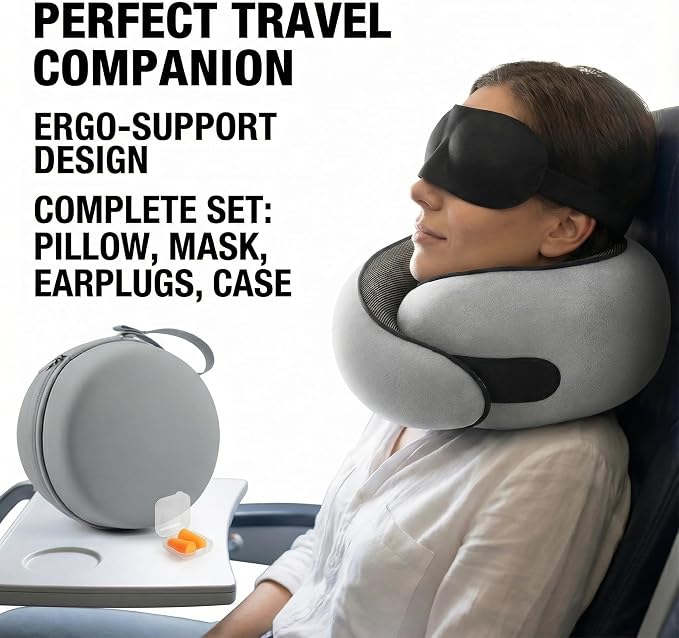 Travel Neck Pillow with Memory Foam & Chin Support – Includes Cute Macaron EVA Water-Resistant Carry Case, Eye Mask & Ear Plugs (Light Grey) - Image 5