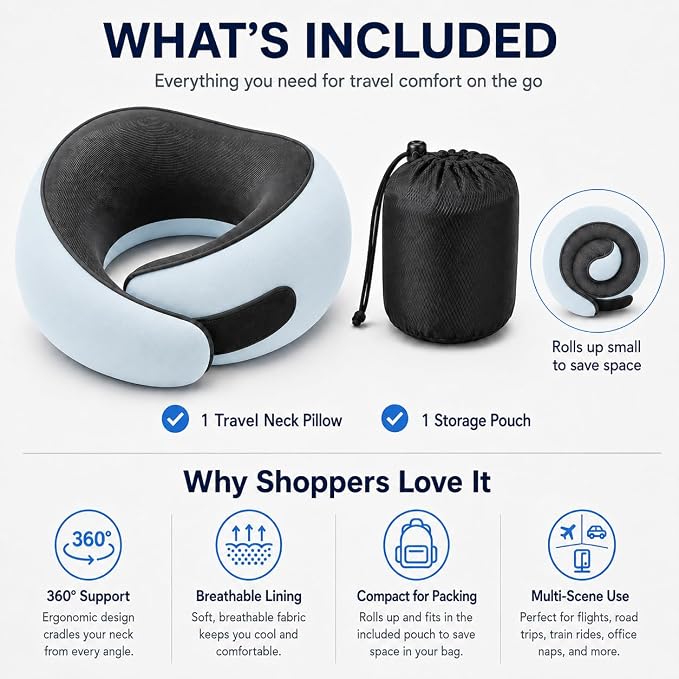 Travel Neck Pillow for Airplanes, Pure Memory Foam Neck Pillow with Washable Cover and Storage Bag, Ergonomic 360° Support for Sleeping, Car, Office, Home, Black - Image 5