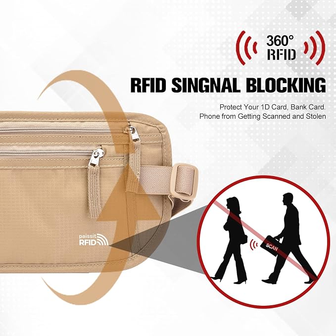 Unisex Money Belt with RFID Blocking Sleeves, Slim Passport Holder RFID Blocking Travel Essentials, Waist Pouch to Protect Cash, Beige & 6 Sleeves - Image 2
