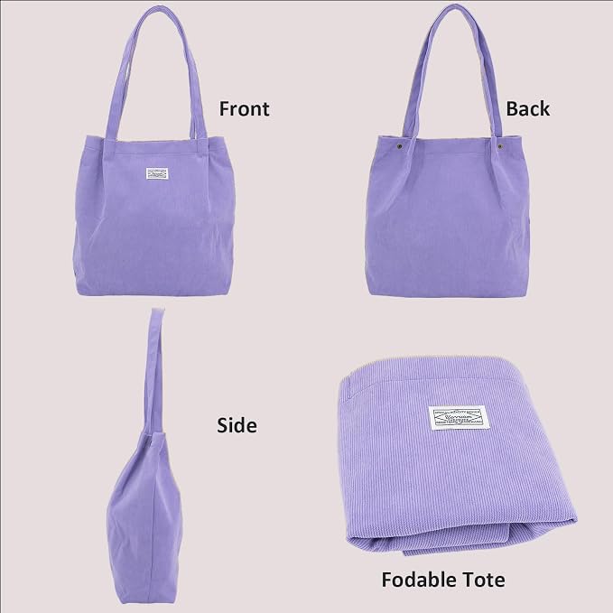 UERRUAM Corduroy Tote Bag for Women with Inner Pockets, Cute Go-to Bag | Slouchy Shoulder Bag for Everyday, Work, Books, Beach & Grocery Shopping, Lightweight Washable Foldable, Cloth Purse - Image 3