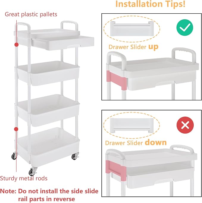 Calmootey 4-Tier Utility Cart with Drawer & Wheels, Storage for Home,Office | Space-Saving Organizer, Sturdy Plastic Shelves, Smooth-Rolling Metal Wheels, Built-in Drawer for Small Items, White - Image 6