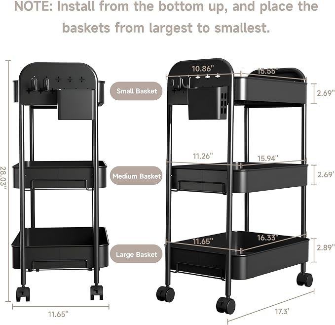 Heavy-Duty Rolling Cart 3 Tier Metal Utility Storage Cart | with Casters, Hooks & Hanging Cups, Rolling Storage Organizer for Kitchen Office Craft Snack Book - Image 2