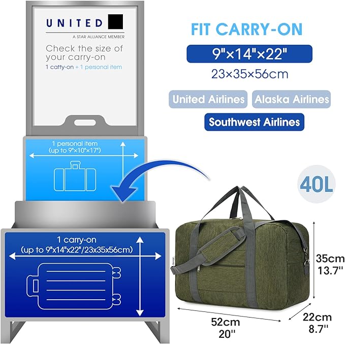 For United Airlines Foldable Carry on Bag 22x14x9 Travel Duffel Bag Packable luggage Duffle for Women and Men 40L (Army Green) - Image 2