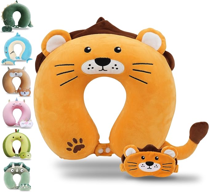 Sexysamba Cartoon Headrest & Neck Pillow for Kids Boys & Girls, Teens, Travel Accessories for Airplane, Car, Recline, Memory Foam Cute Travel Pillow with Sleep Eye Mask - Lion by Sexysamba
