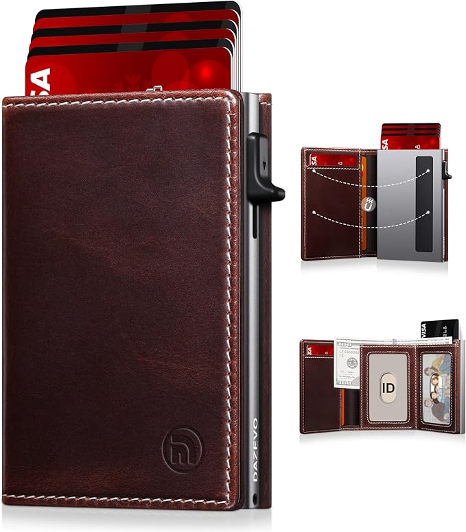 Minimalist Wallet for Men,Full Grain Leather RFID Blocking Wallet with 2 ID Windows，Trifold Pop Up Credit Card Holder Wallet 9-11 Cards Slim Genuine Leather Wallet ，Gifts for Men by Unknown