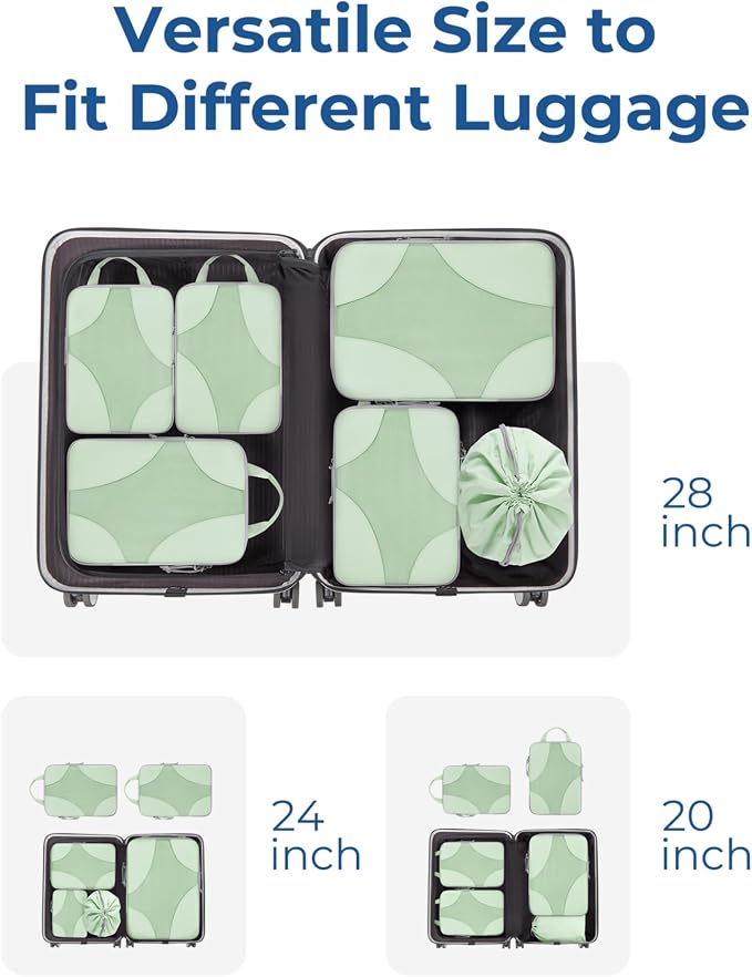 Bagsmart Compression Packing Cubes (Light Green, 6 Set) | Lightweight, Compressible Suitcase Organizer Set fit Standard Carry-On & Checked Luggage, 6 Set, 14 Set Washable Packing Bags - Image 6