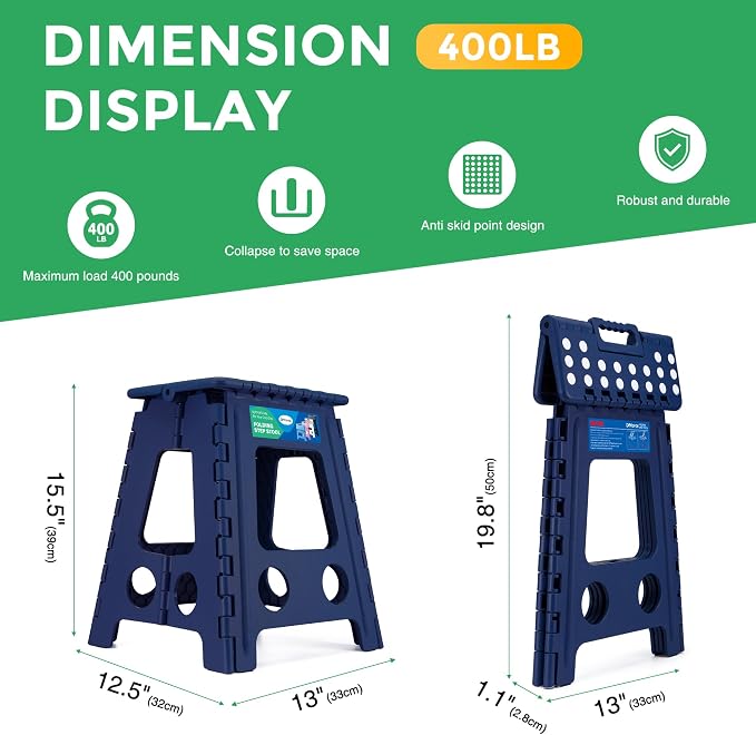 Dyforce Folding Step Stool 16 Inch,400lbs Foldable Step Stool for Adults | Step Stool Foldable Blue,Non-Slip Plastic Stepping Stool with Carry Handle,Lightweight for Bathroom Kitchen Bedroom Garden - Image 7