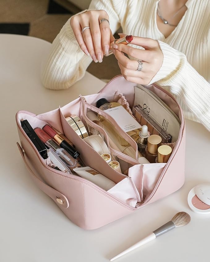 EACHY Travel Makeup Bag for Women, PU Leather Cosmetic Bag, Pink, Large | Water-resistant PU leather exterior with flat-open access, clear TPU brush compartment and organized storage for cosmetics - Image 8