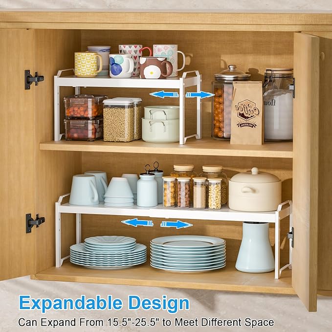 2 Pack Stackable Expandable Shelves For Kitchen Cabinet Countertop Storage, Adjustable Counter Cupboard Pantry Organizer Shelf Rack Stand, Length:25.5 Inch - Image 4