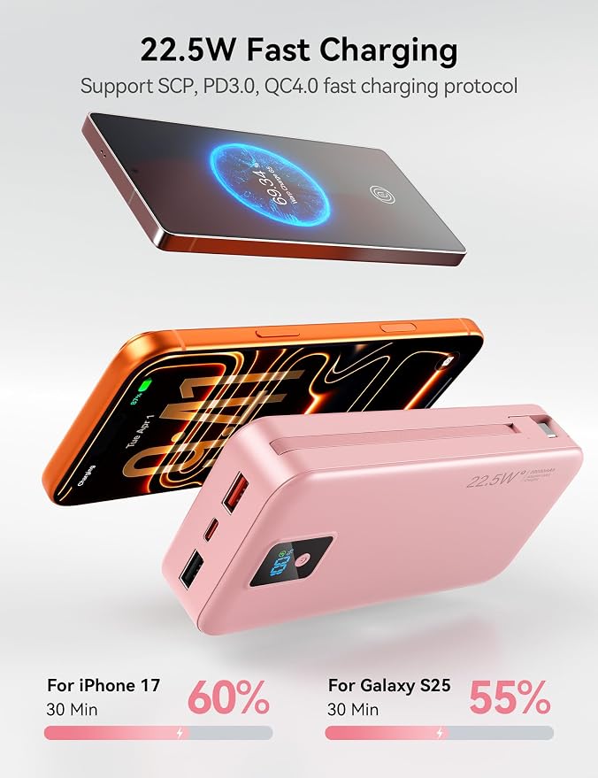 Portable Charger 20000mAh 22.5W w/Built-in Cable & Wall Plug Pink | High capacity, Fast charging, Built-in cables & wall plug, LED display, Charge 5 devices at once, Pass through, TSA approved - Image 4