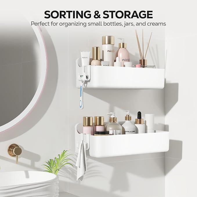 Nieifi Adhesive Shower Shelves, White, 2 Pieces | Rustproof ABS, Large Capacity, Removable Design, No Drilling Shower Organizer for Bathroom Storage & Home Decor - Image 3