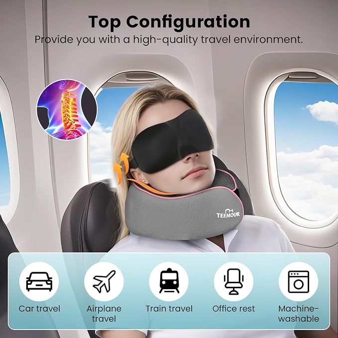 Teemour Travel Neck Pillow Airplane- Upgraded Memory Foam Neck Pillow for Airplanes 360° Support Desing, with Eye Mask & Earplugs, Portable Carry Bag for Long Flights, Business Trip|Travel Essentials - Image 2