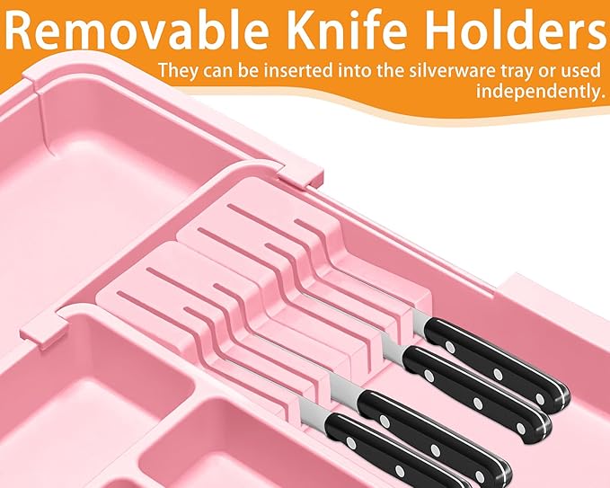 Homecor Silverware Organizer - Expandable Large Kitchen Drawer Organizer Utensil Organizer with 2 Knife Block Inserts, 22"x 19"Cutlery Tray with Drawer Dividers for Kitchen Flatware (Pink) - Image 3