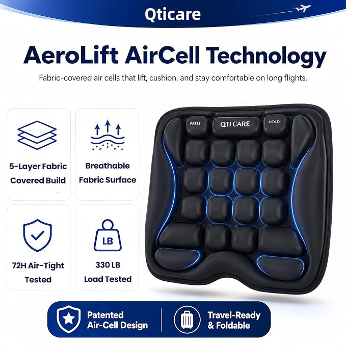 Airplane Seat Cushion, Air-Cell Travel Cushion for Long Flights, Inflatable Portable Seat Pad with Built-in Pump for Air Travel, Car, Office Chair and Wheelchair - Image 4
