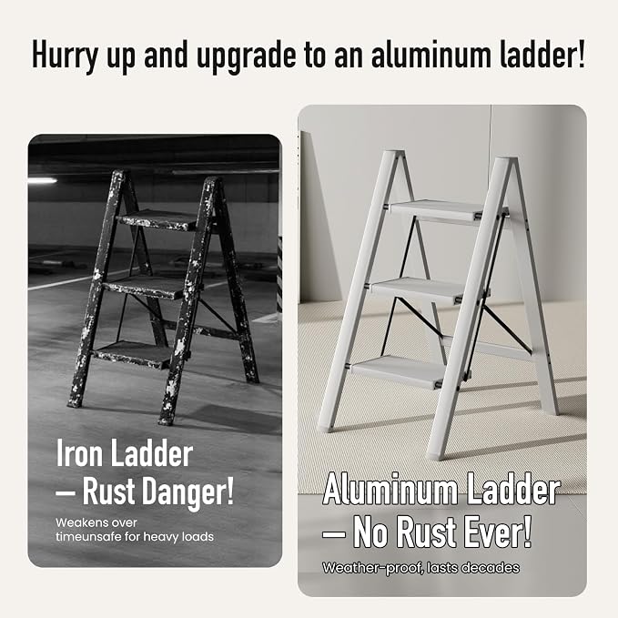 Mayi Plus 3 Step Stool Foldable, Aluminum, Lightweight Step Ladder | Extra-wide anti-slip folding steps with 330 lbs, for home,kitchen,office,outdoor,Grey - Image 3