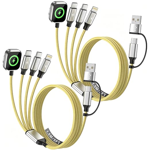 4 in 2 Multi Charging Cable for iWatch Charger, 2Pack 5FT Travel Essentials | Dual Type-C Ports Charging Cords for Multiple Devices, Travel Charger for iWatch Ultra/11-2, iPhone17-8, Android, Car, Cruise by MPATIBY