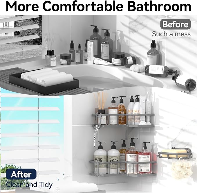 Corner Shower Caddy Adhesive, 100% Rustproof Shower Organizer with Soap Holder, No Drill Shower Shelf for Inside Shower, Wall-Mounted Shower Storage for Homes (3 Pack, Grey) - Image 7